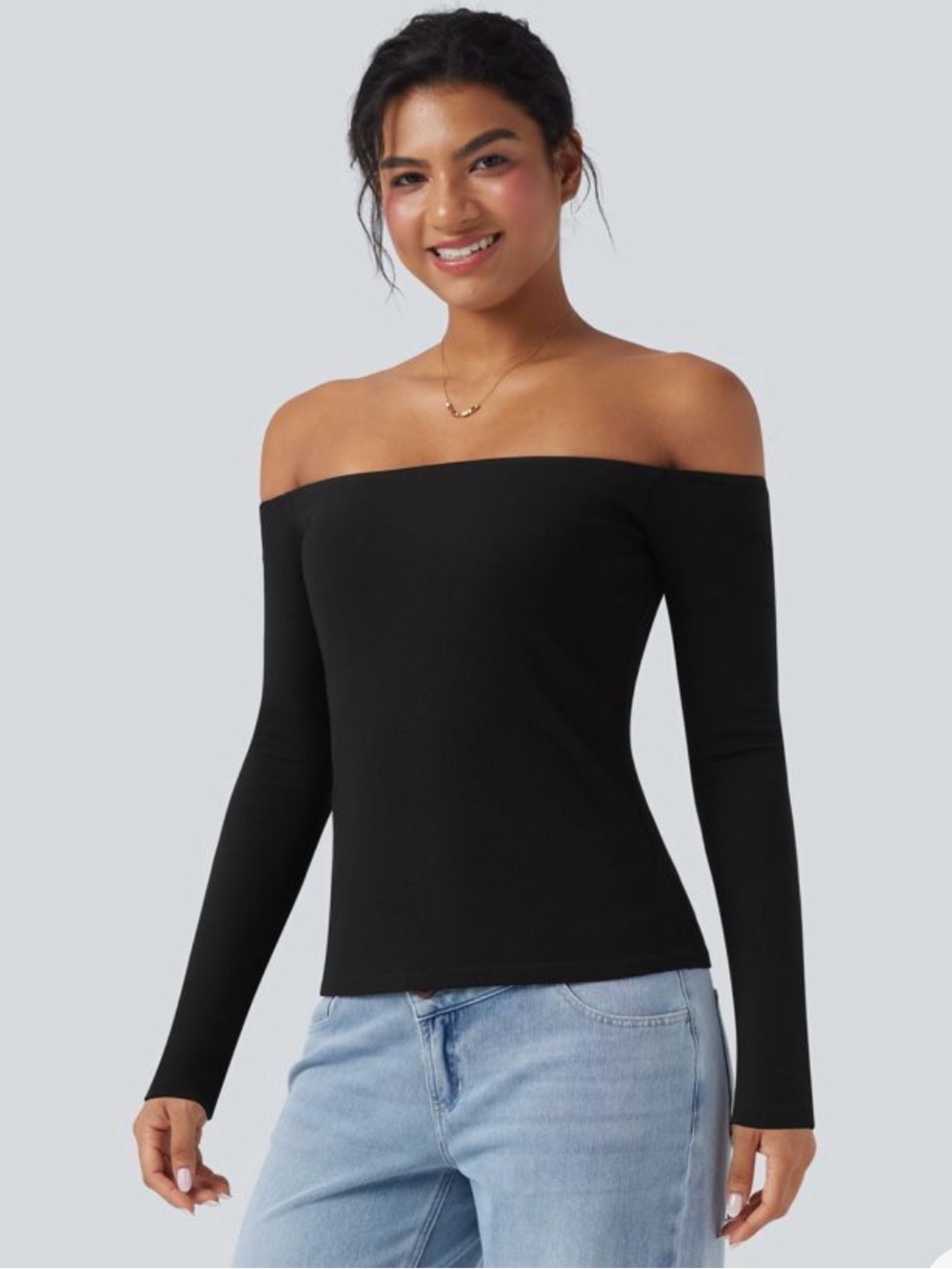 Halara women’s small black off shoulder ribbed knit long sleeve top new bra top